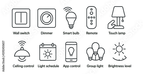 Smart home lighting control icon set: linear style for automation and convenience