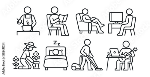 Daily activities icon set: home and leisure outlines in linear style