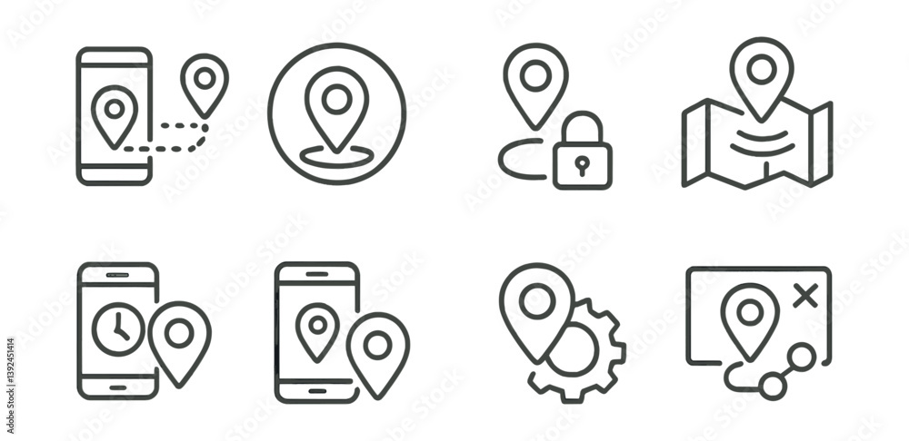 Navigation and location linear icon set: mobile, pin, map, lock, route, gear, clock Navigation and location linear icon set: mobile, pin, map, lock, route, gear, clock