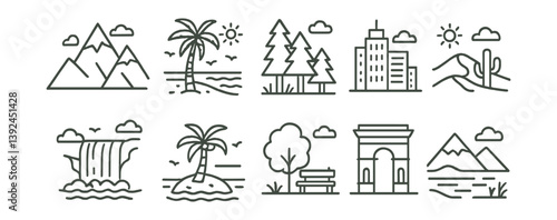 Linear nature and cityscape icon set featuring mountains, beaches, and urban elements