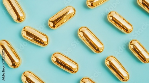 Golden Capsules on Aqua Background Luxury Health Concept