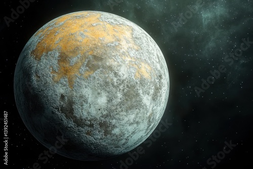 Celestial view of an alien planet with textured surface and deep space backdrop
