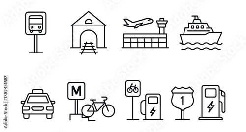 Transportation icons set: linear style featuring bus, train, plane, ship, and more