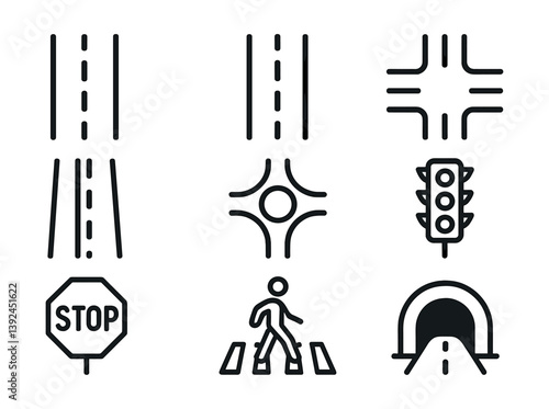 Linear roadway icons set: traffic lights, stop sign, crosswalk, tunnel, intersections