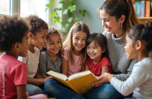 Group of happy kids listening teacher reading book in kindergarten. Diverse children enjoy early education, learning in classroom environment. Positive, friendly relationship, smiling faces,