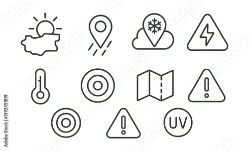Weather forecast linear icon set: maps, thermometer, uv index, alerts, location