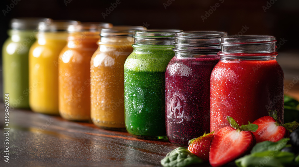 Colorful smoothies in mason jars arranged in row, with fresh fruits and vegetables adding vibrancy Colorful smoothies in mason jars arranged in row, with fresh fruits and vegetables adding vibrancy