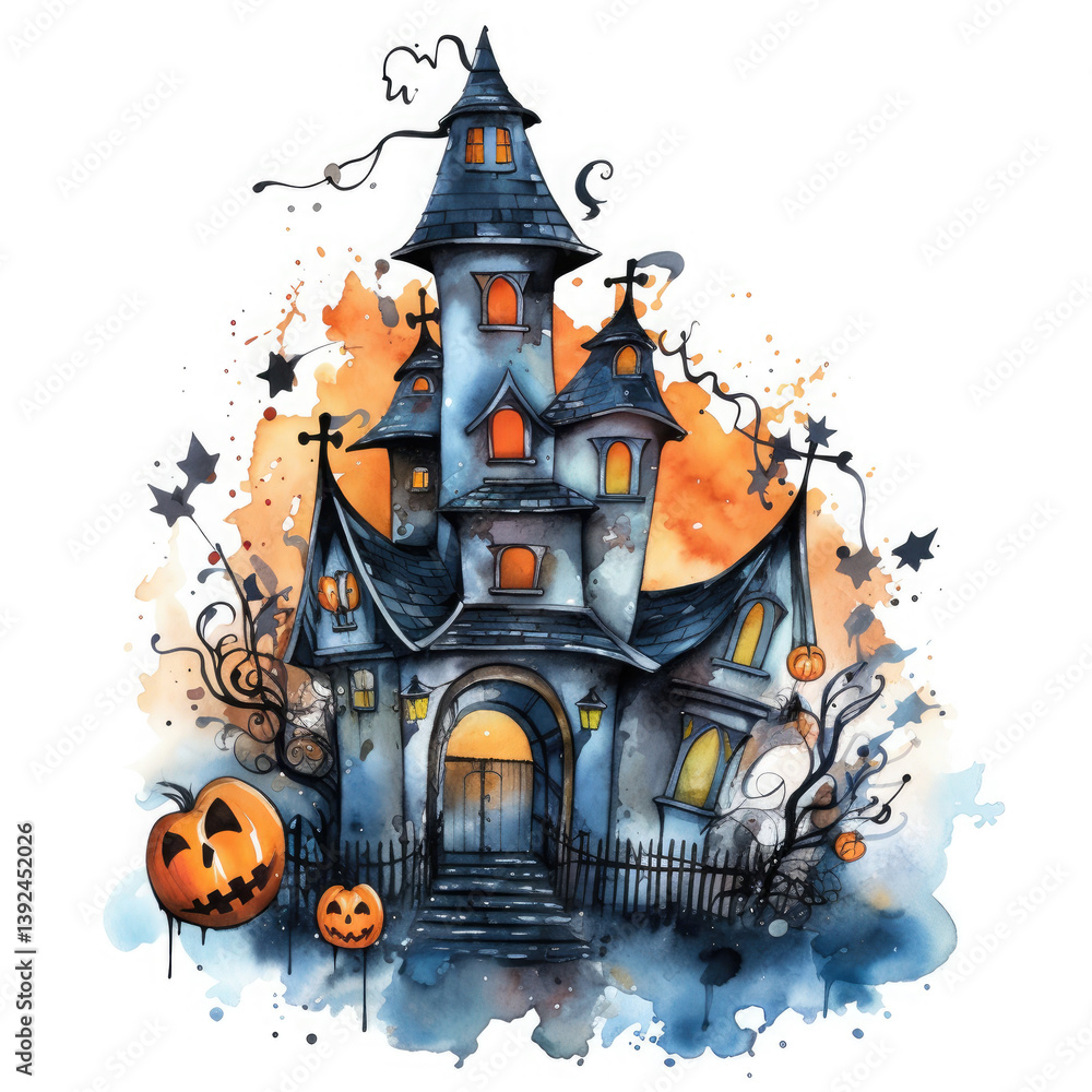 Fototapeta premium Watercolor Haunted House, clipart Illustration, Generative Ai