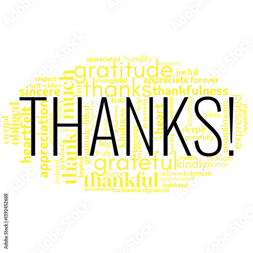 A vibrant word cloud design showcasing expressions of gratitude, featuring "thanks," "thank you," and related terms. Perfect for conveying appreciation, kindness, and positive emotions in various sett