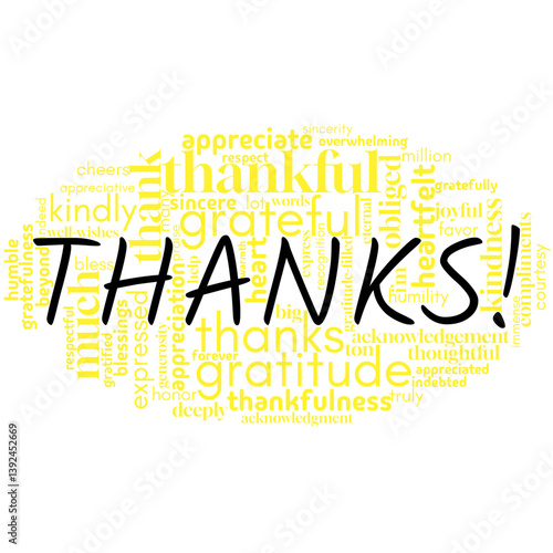 A vibrant word cloud design showcasing expressions of gratitude, featuring "thanks," "thank you," and related terms. Perfect for conveying appreciation, kindness, and positive emotions in various sett
