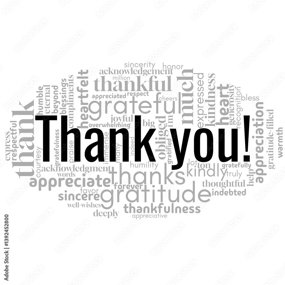 A vibrant word cloud design showcasing expressions of gratitude, featuring A vibrant word cloud design showcasing expressions of gratitude, featuring
