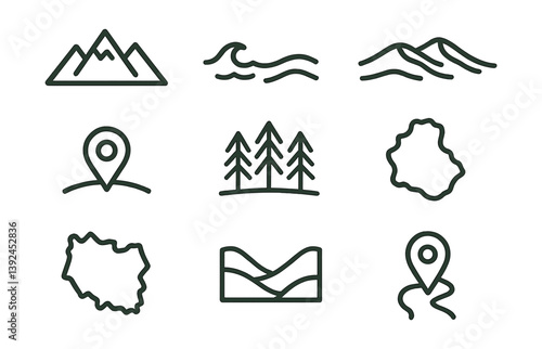 Minimalist linear nature icons set featuring mountains, waves, maps, locations, and trees