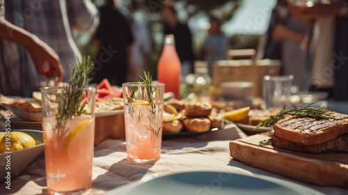 A table laden with food and drinks at an outdoor gathering with people in the background blurred out