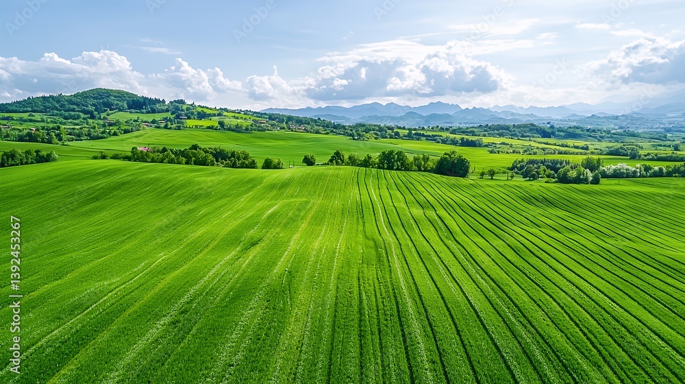 Fototapeta premium Aerial View of Lush Green Agricultural Fields and Rolling Hills Under a Sunny Sky