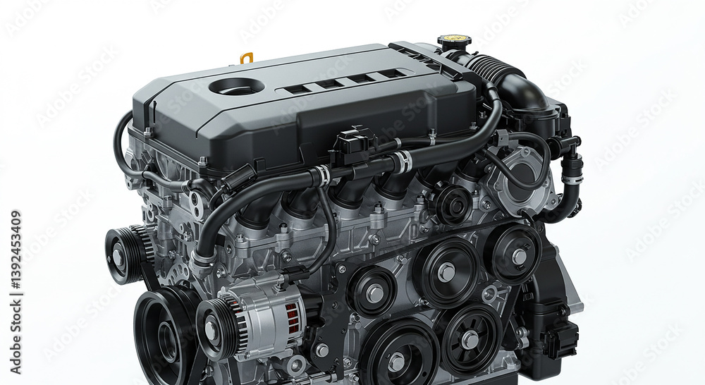 Car engine detail. Automotive mechanical part. Internal combustion engine assembly. Silver metal and black plastic components. Machine equipment shows belts and pulleys. Car engine detail. Automotive mechanical part. Internal combustion engine assembly. Silver metal and black plastic components. Machine equipment shows belts and pulleys.