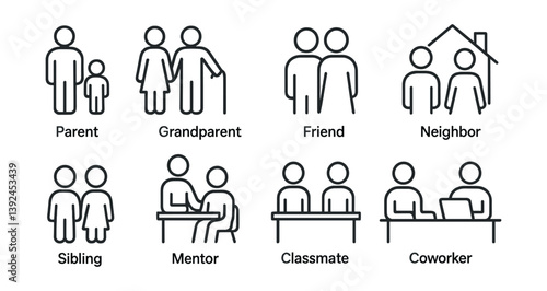 Community relationship icons set: family, friends, and colleagues