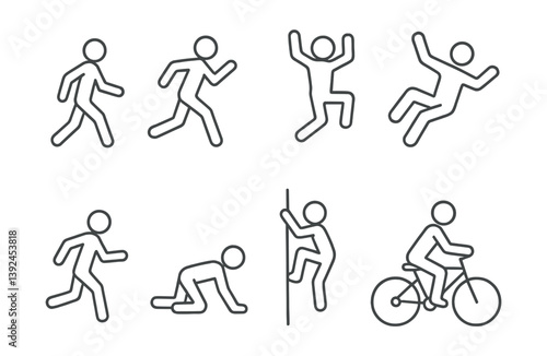 Active lifestyle linear icons: running, jumping, cycling, climbing, exploration set