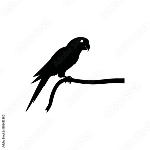 A black and white vector silhouette of a parrot with its head turned backward and tail pointing downward on a white background.