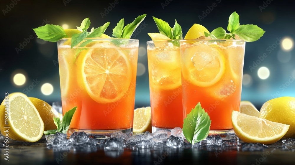 Fototapeta premium Refreshing citrus cocktails with lemons and fresh mint on ice served in glasses