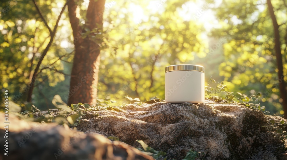Obraz premium A white cylindrical container rests on a mossy tree root in a sun-dappled forest. Soft, natural light filters through the trees