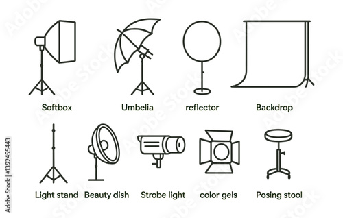 Photography studio equipment icons set – linear style collection for creative designers