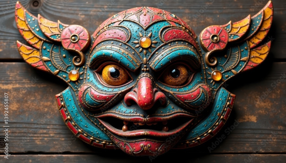 Fototapeta premium Intricate tribal mask design on a wooden base, intricate designs, cultural symbols