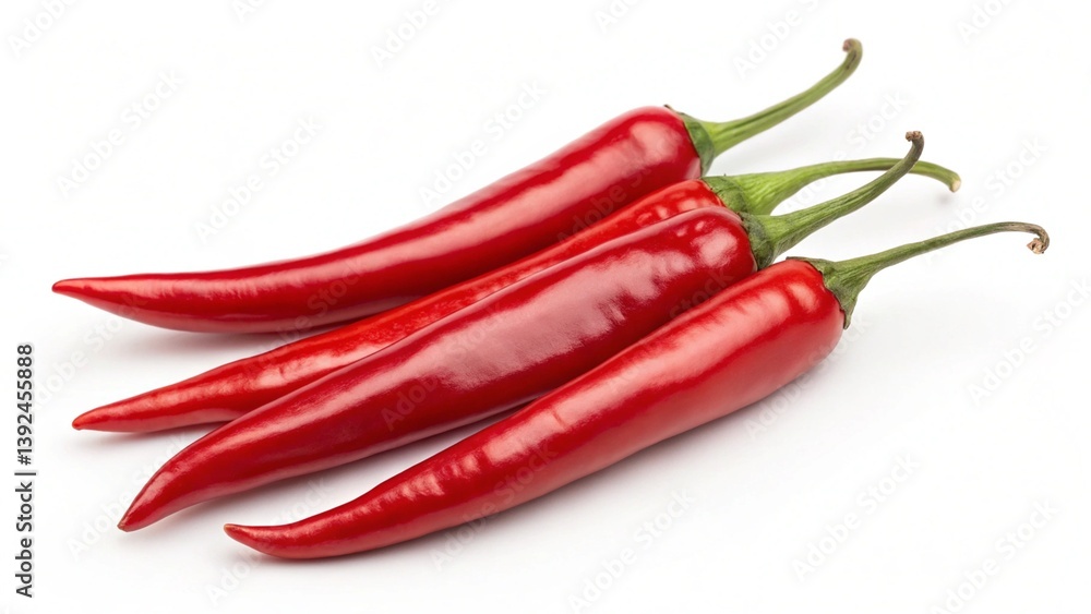 A close up of four red chili peppers with green stems on a white background in a studio setting created with generated ai A close up of four red chili peppers with green stems on a white background in a studio setting created with generated ai