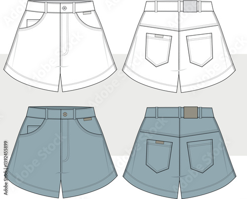 Women's Denim Shorts relax fit boyfriend fit fashion flat technical drawing template, illustration, vector. High waist denim short. Front and back view. Women, unisex. CAD, mockup.
