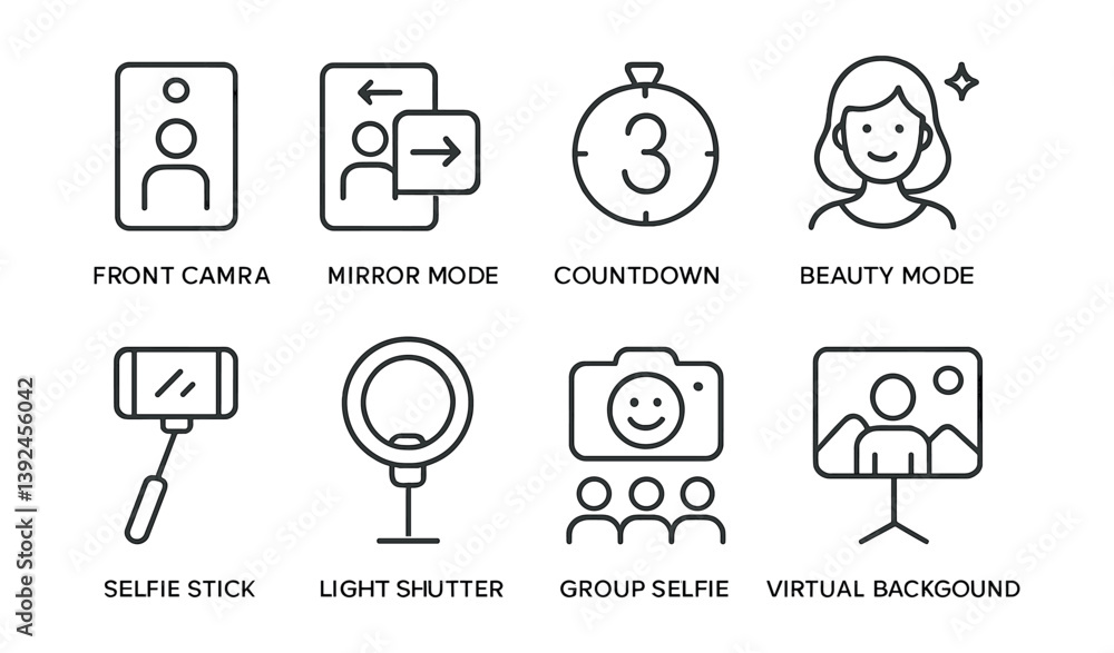 Selfie and photography icons set: essential tools for creative shots Selfie and photography icons set: essential tools for creative shots