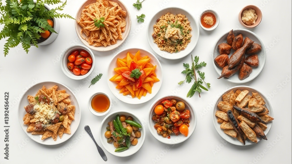 Culinary Harmony: A tantalizing overhead view presents an array of beautifully arranged, diverse food dishes in a vibrant, eye-level shot, celebrating gastronomic delight. Culinary Harmony: A tantalizing overhead view presents an array of beautifully arranged, diverse food dishes in a vibrant, eye-level shot, celebrating gastronomic delight.
