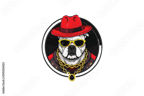 Bulldog Swagger: A Cool Canine with Red Hat, Gold Chain, and Yellow Sunglasses, Perfect for Urban and Streetwear Designs.