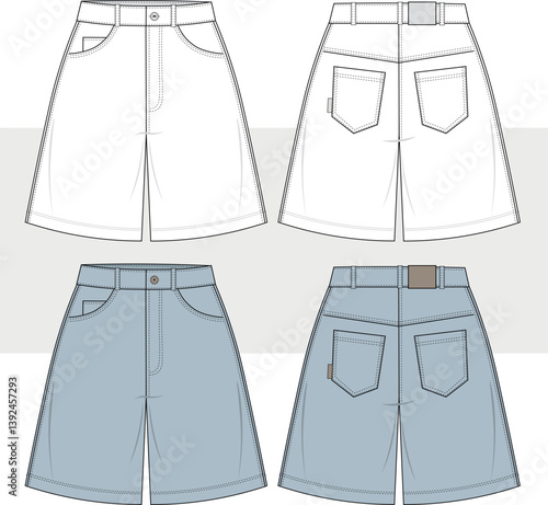 Unisex Denim Shorts boyfriend fit fashion flat technical drawing template, illustration, vector. High waist denim short. Front and back view. Women, men, unisex. CAD, mockup.