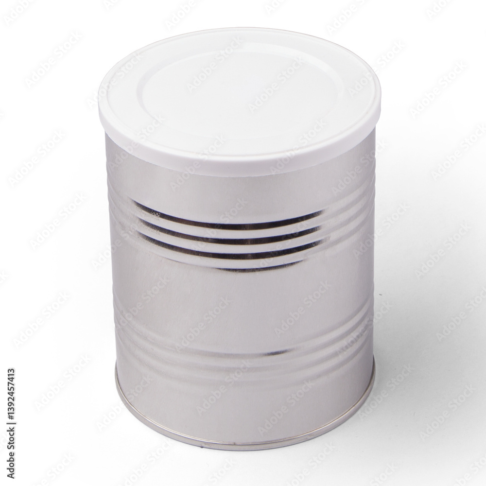 A plain silver canister with a white lid, typically used for storage or packaging food items. A plain silver canister with a white lid, typically used for storage or packaging food items.