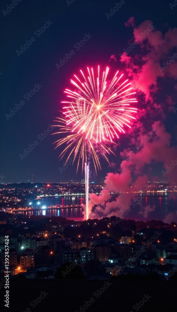Joyful fireworks exploding in the night sky over a cityscape with bright neon lights, explosions, fireworks Joyful fireworks exploding in the night sky over a cityscape with bright neon lights, explosions, fireworks