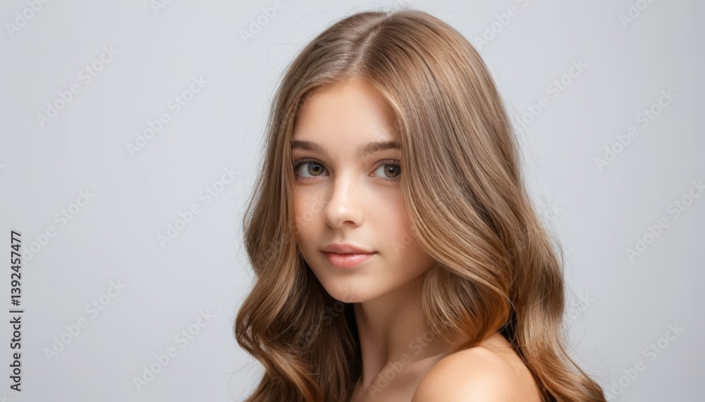 A close-up portrait of a girl with soft waves in her hair, exuding natural beauty and innocence against a neutral background. A close-up portrait of a girl with soft waves in her hair, exuding natural beauty and innocence against a neutral background.