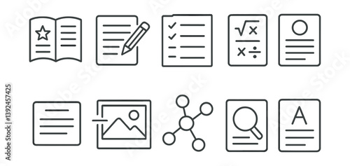 Essential education linear icon set: books, writing, math, and more