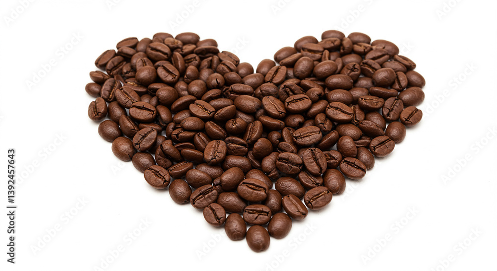 Coffee beans form heart shape. Brown coffee beans scattered together. Roasted coffee beans on white surface. Heart made of dark coffee. Love for coffee concept. Organic coffee beans layout. Coffee beans form heart shape. Brown coffee beans scattered together. Roasted coffee beans on white surface. Heart made of dark coffee. Love for coffee concept. Organic coffee beans layout.