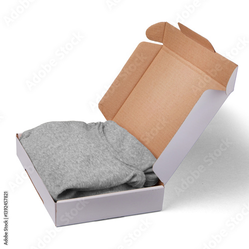 A gray sweatshirt neatly folded inside an open cardboard box, ready for shipping or gifting.