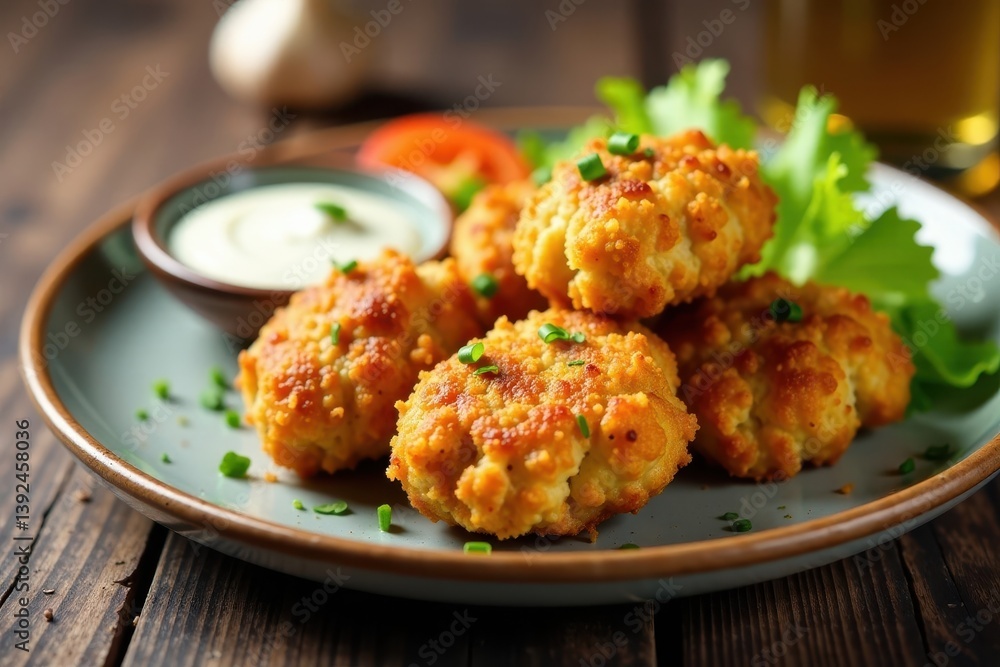 Juicy chicken nuggets with creamy garlic sauce on a plate , garlic sauce, dipping sauce Juicy chicken nuggets with creamy garlic sauce on a plate , garlic sauce, dipping sauce