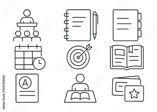 Educational planning and study icons set in linear style for organizational success