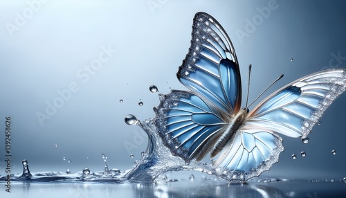 Closeup portrait of translucent blue butterfly flying out of water on a silver background, beauty of butterflies, insect in flight, macro.