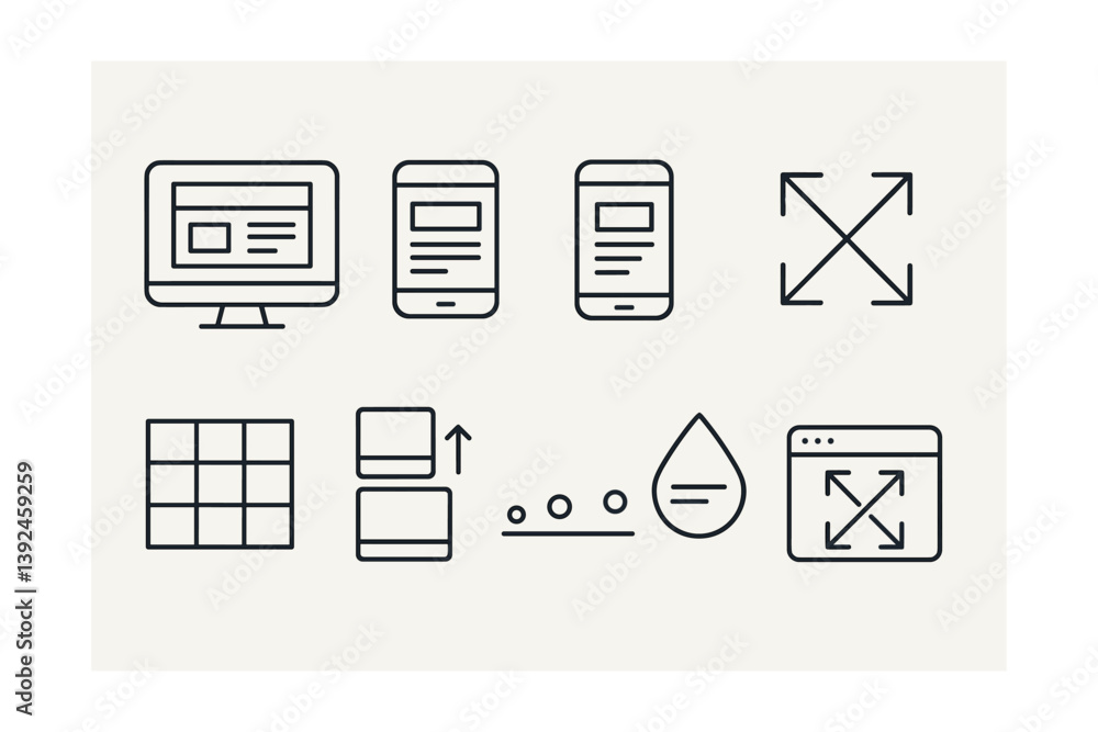 Responsive design icon set: devices, layout, fluid, grid, minimalist linear style Responsive design icon set: devices, layout, fluid, grid, minimalist linear style