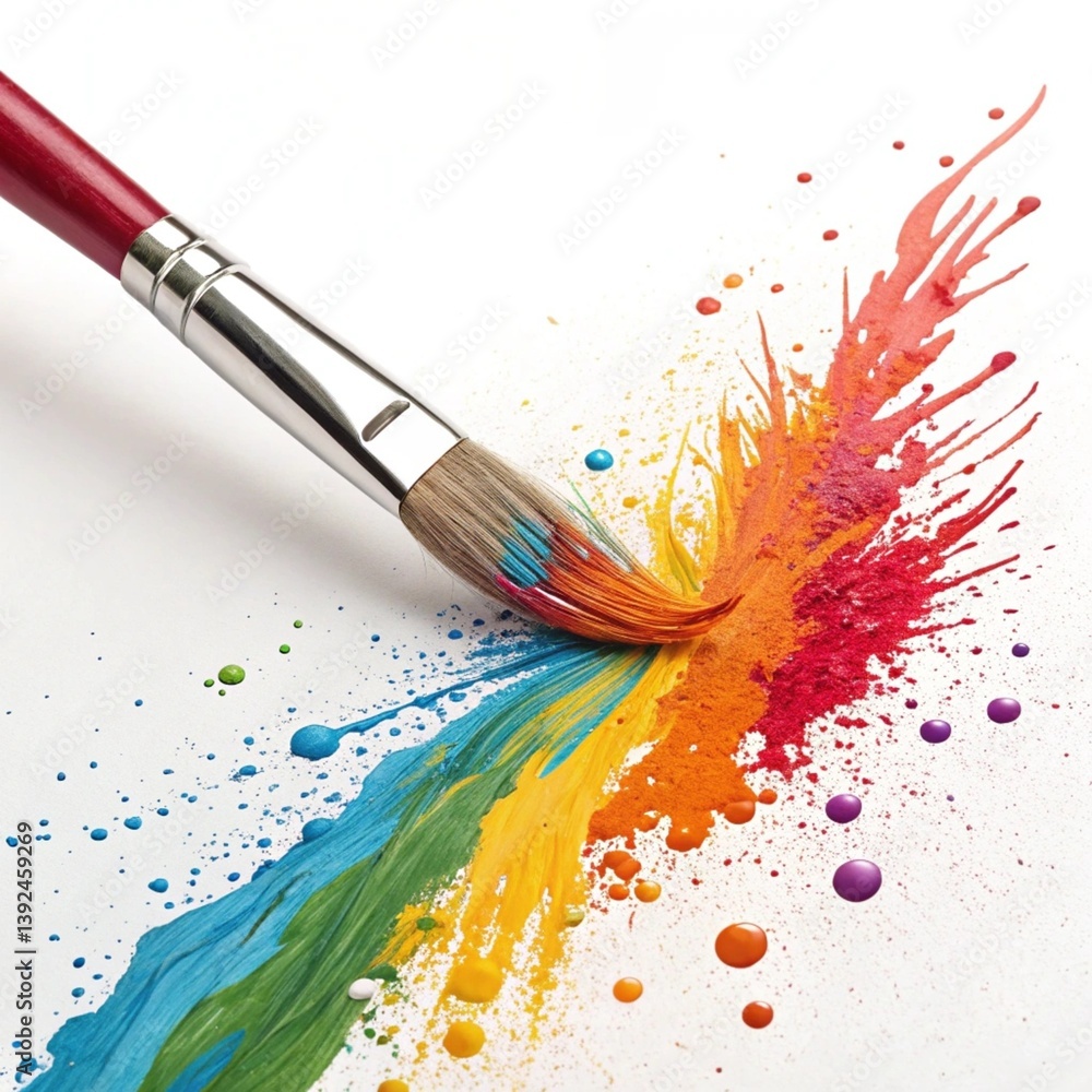Obraz premium Bright and energetic image of SwiftStrokes paint brush splashing bold paint onto canvas. Great for abstract and artistic concepts.