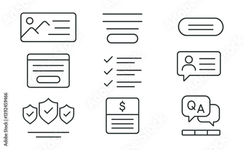 Linear user interface icons set featuring forms, lists, messages, and security elements