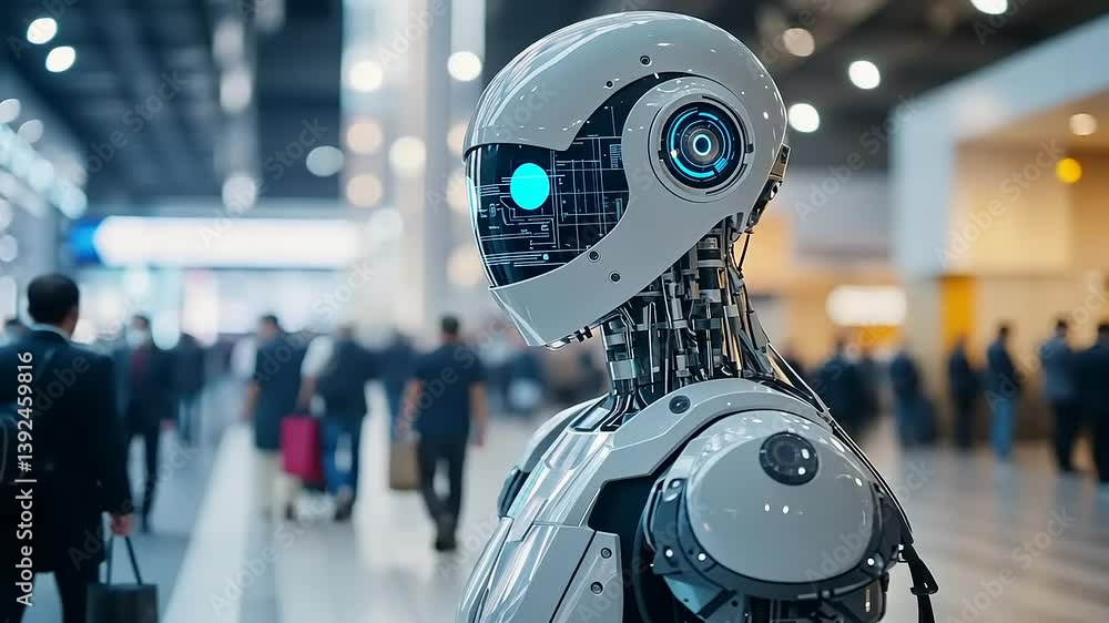 Futuristic humanoid robot stands in a bustling exhibition hall, surrounded by people exploring technology Futuristic humanoid robot stands in a bustling exhibition hall, surrounded by people exploring technology