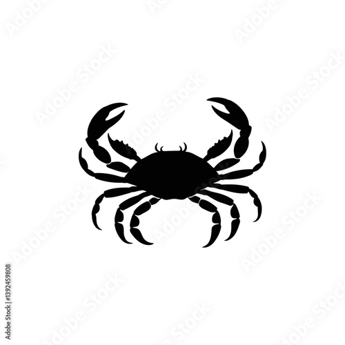 A black and white vector silhouette of a crab in a defensive pose with both pincers lifted high on a white background