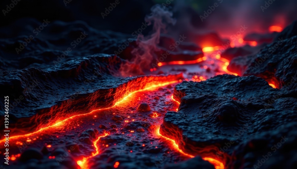 Lava flow on black background with molten red texture , flames, volcanic Lava flow on black background with molten red texture , flames, volcanic