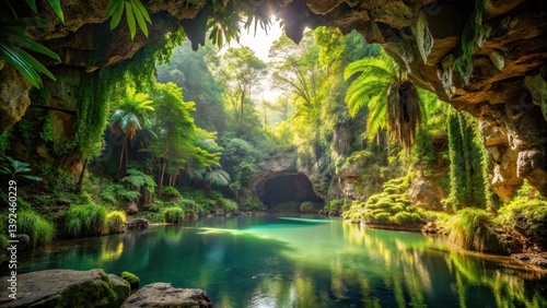 Fototapeta Naklejka Na Ścianę i Meble -  Cave with water pond in lush jungle, jungle, green,  jungle, green, nature, plants, mysterious,cave, trees, serene, wildlife