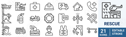 Rescue web line icon set. Includes ambu bag ,barrier, fire hydrant, first aid, flashlight, ladder, and More. Outline icons vector collection.