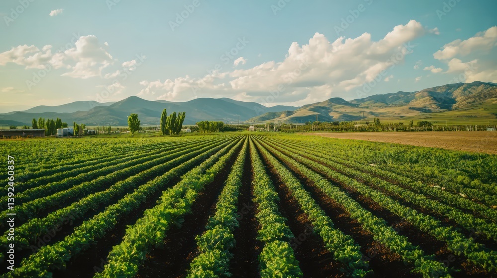 A modern farm growing vegetables with both soil and hydroponic systems, featuring automated watering for efficient crop care. A modern farm growing vegetables with both soil and hydroponic systems, featuring automated watering for efficient crop care.